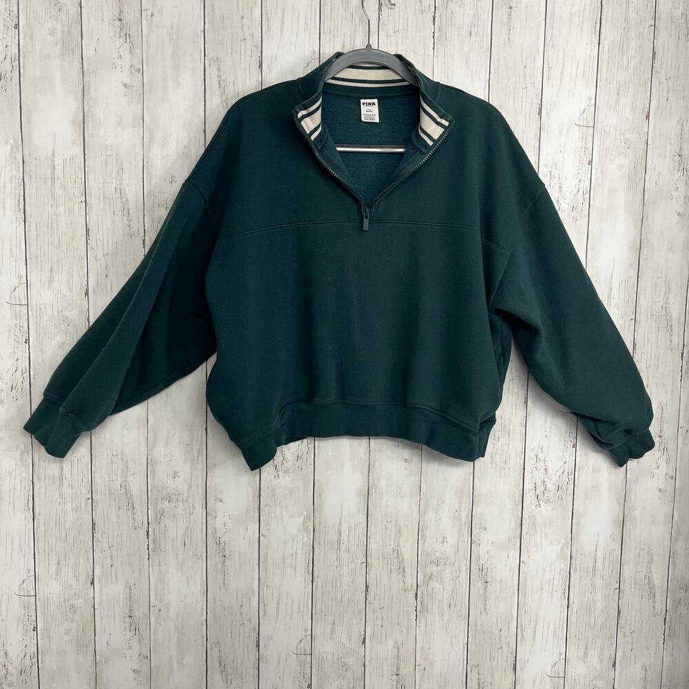 Victoria's Secret Pink Green Ultimate Half Zip Pullover Mock Neck Sweat Shirt